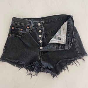 Levi's 501 High Rise Button Fly Frayed Raw-Cut Hem Shorts Distressed Black W24